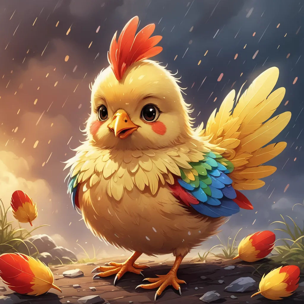 a chicken standing on a rock in the rain with a flower in its beak and a rain falling down behind it, fantasy art, a detailed painting, Cyril Rolando, trending on art station
