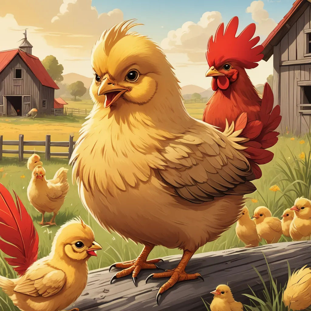 a chicken and her chicks are standing on a log in a field with a barn in the background and a barn in the background, american scene painting, a storybook illustration, Chris LaBrooy, highly detailed digital painting