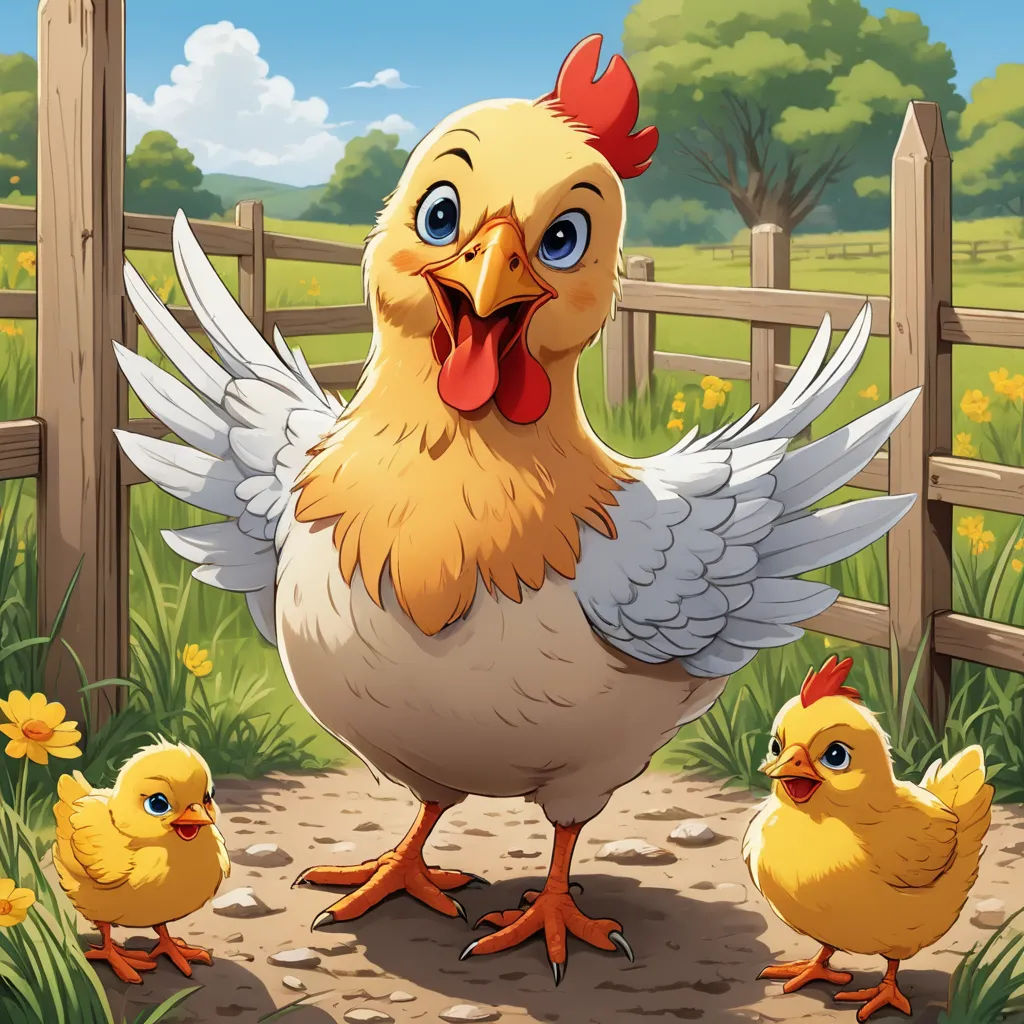 a chicken and her chicks are standing in the grass near a fence and flowers in the background of the picture, lyco art, a storybook illustration, Anne Said, game art