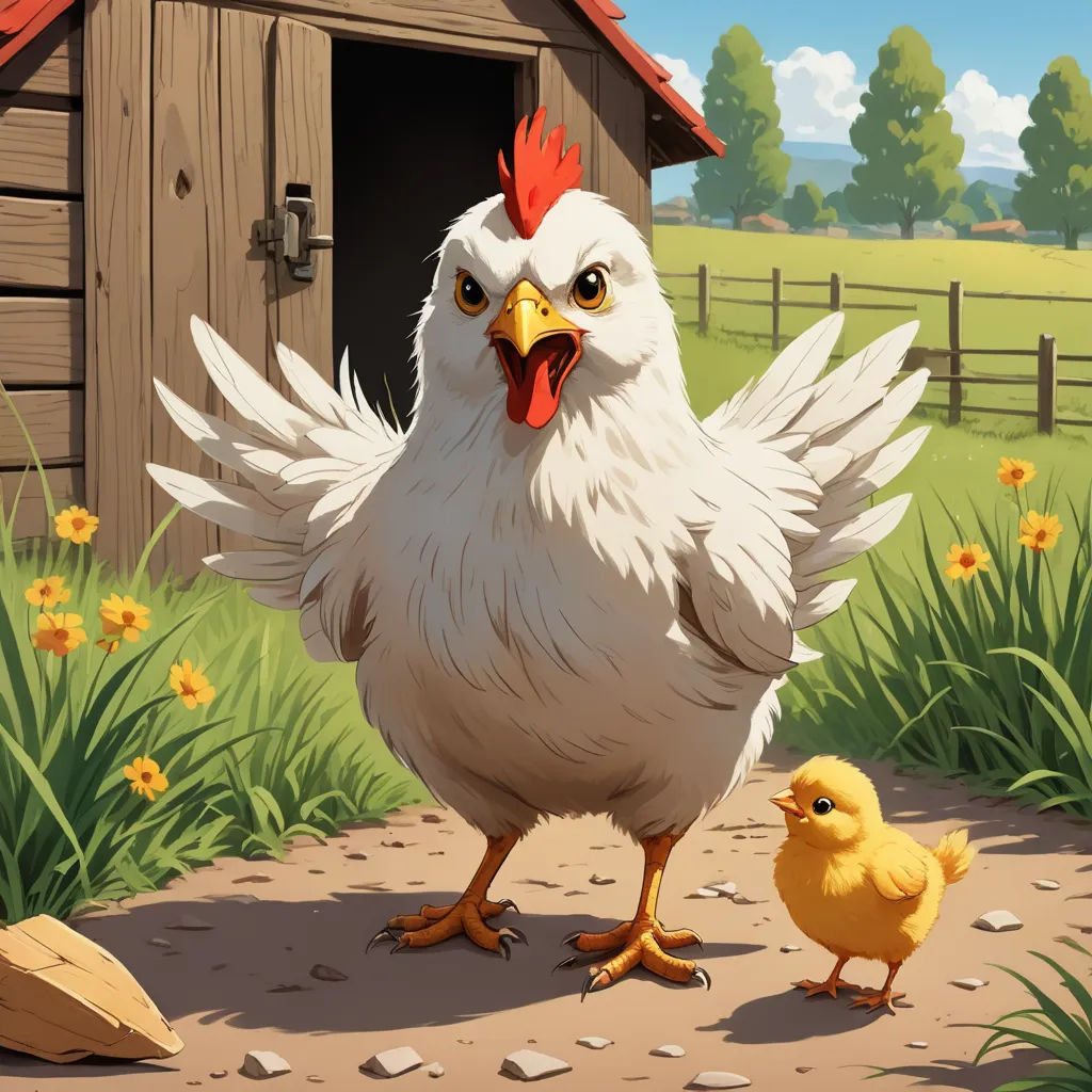 a chicken and a chickenling are standing in the dirt near a barn and a fenced in area, american scene painting, a storybook illustration, Chris LaBrooy, trending on art station