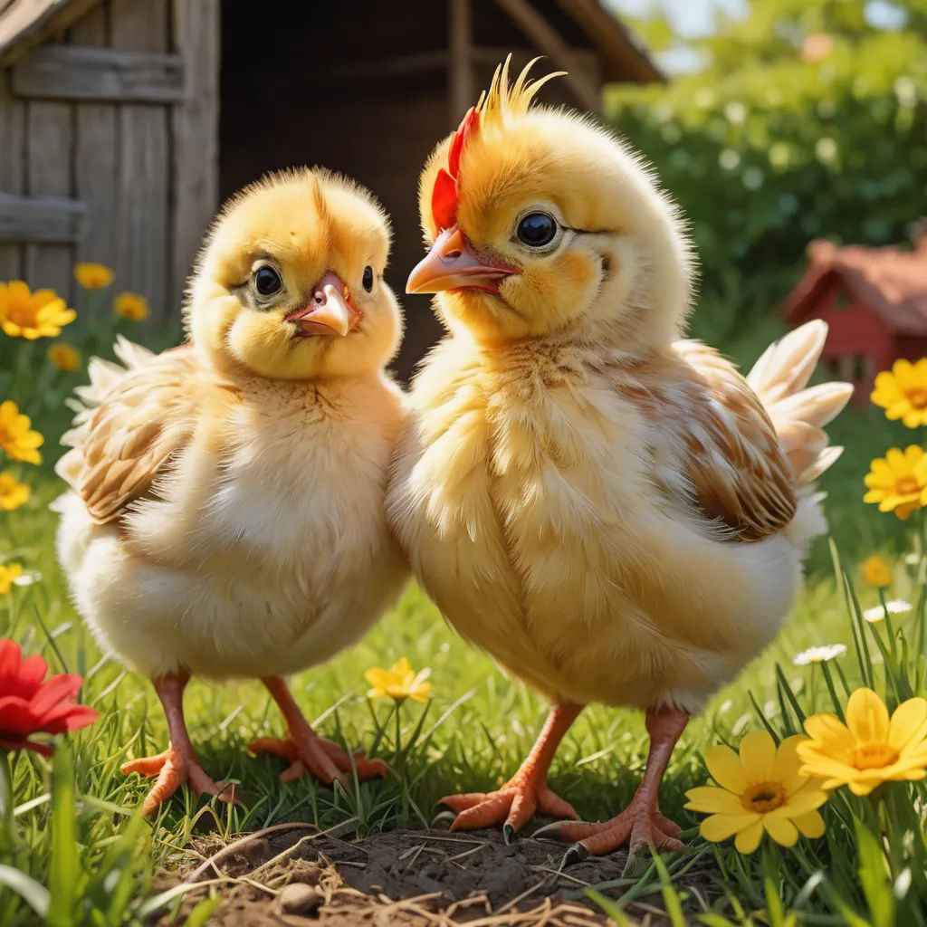two chickens standing next to each other on a field of flowers and grass with a shed in the background, art photography, a stock photo, Anne Said, animal photography