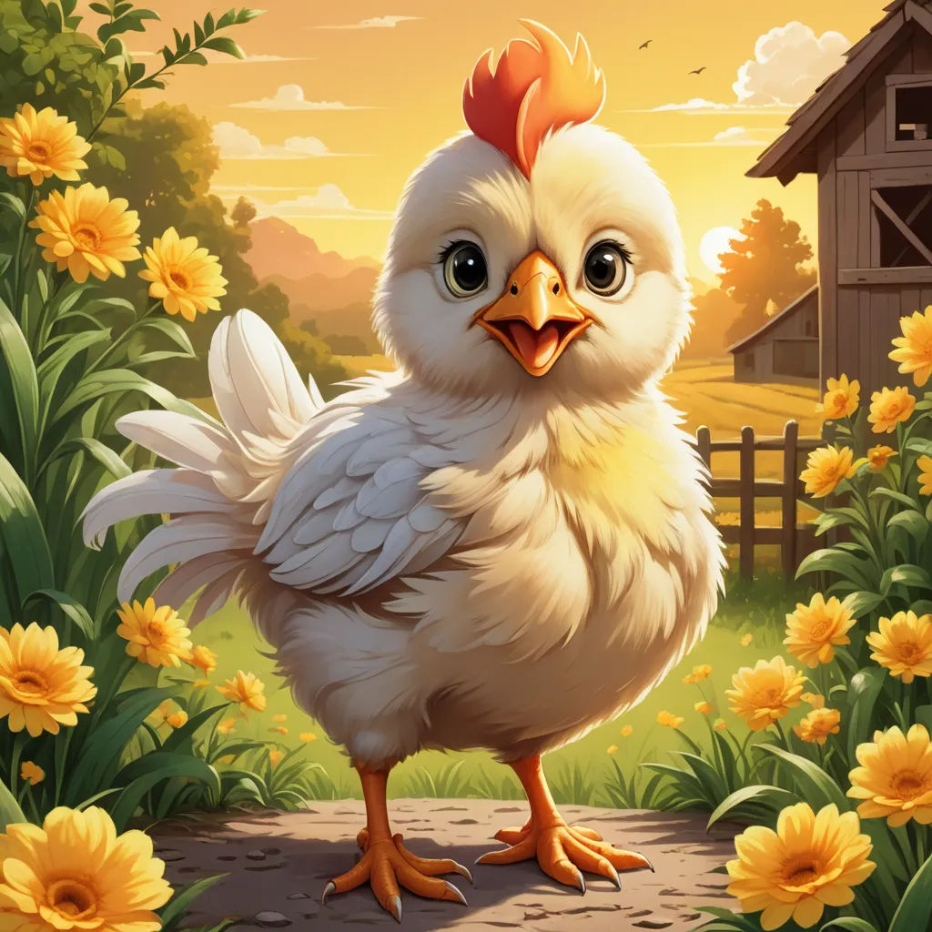 a chicken standing on a path in a field of flowers with a barn in the background and a sunflowers in the foreground, lyco art, a stock photo, Chris LaBrooy, game art