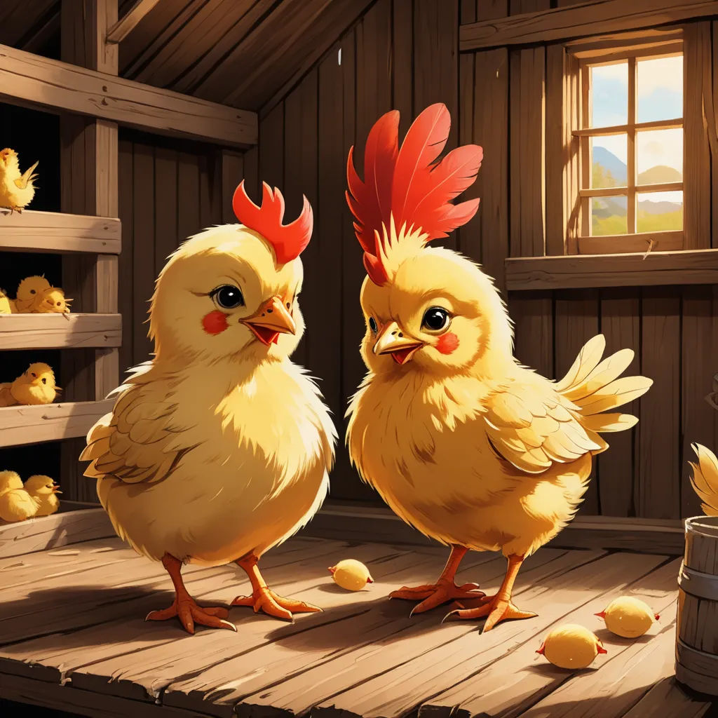two chickens standing on a wooden platform next to a bucket of chicks in a barn with a window and a wooden floor, fantasy art, a storybook illustration, Chris LaBrooy, rossdraws global illumination
