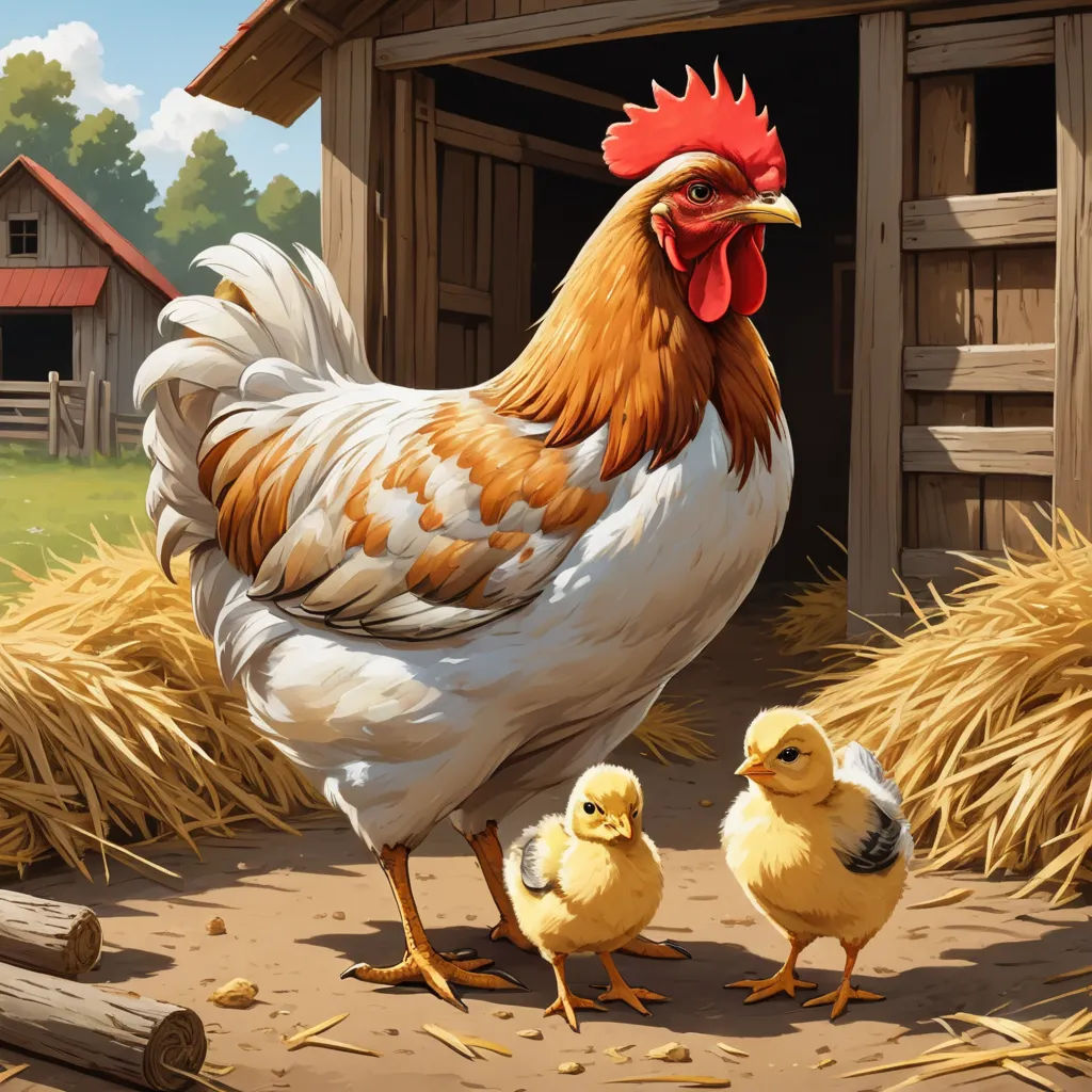 a chicken and two chicks are standing in a barn yard with hay and straw bales on the ground, american scene painting, a storybook illustration, Chris LaBrooy, highly detailed digital painting