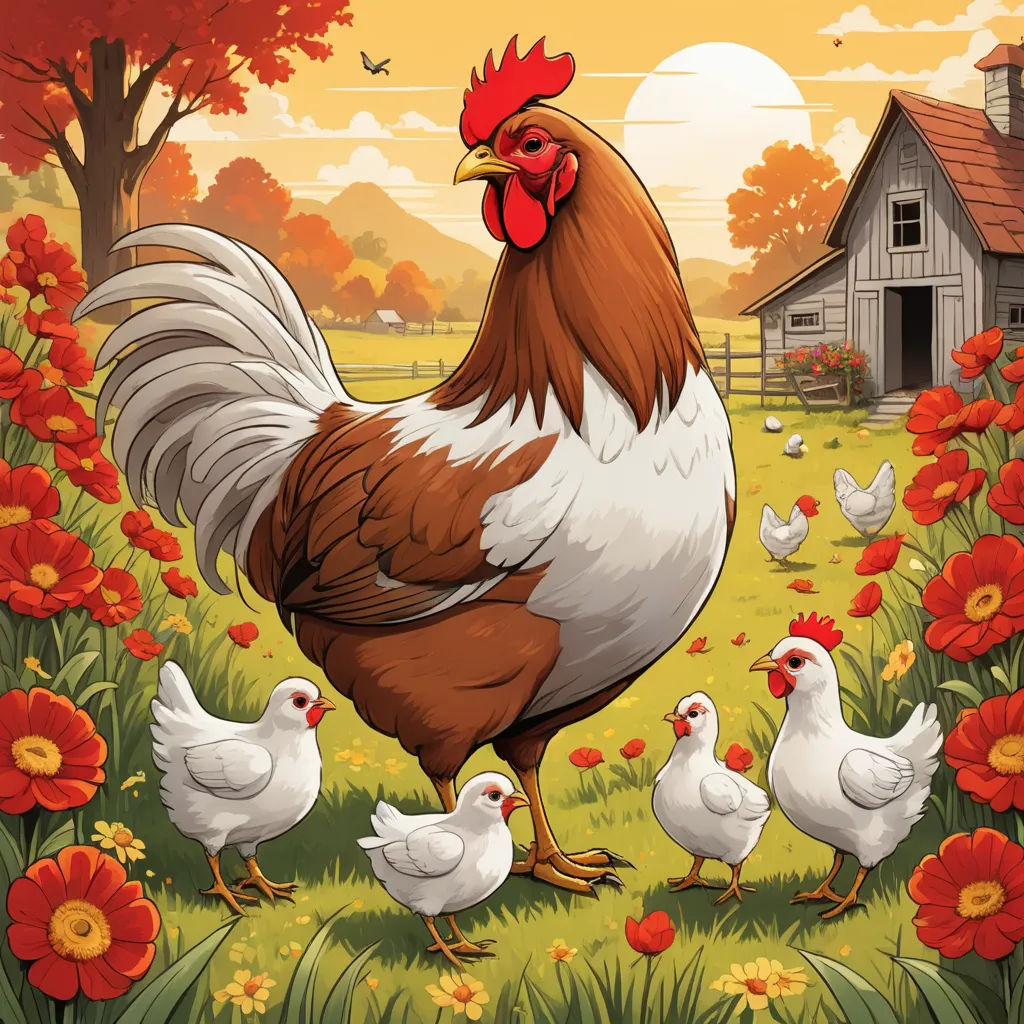 a chicken and her chicks are in a field of flowers and a barn in the background with a sunset, folk art, a storybook illustration, Dan Mumford, storybook illustration
