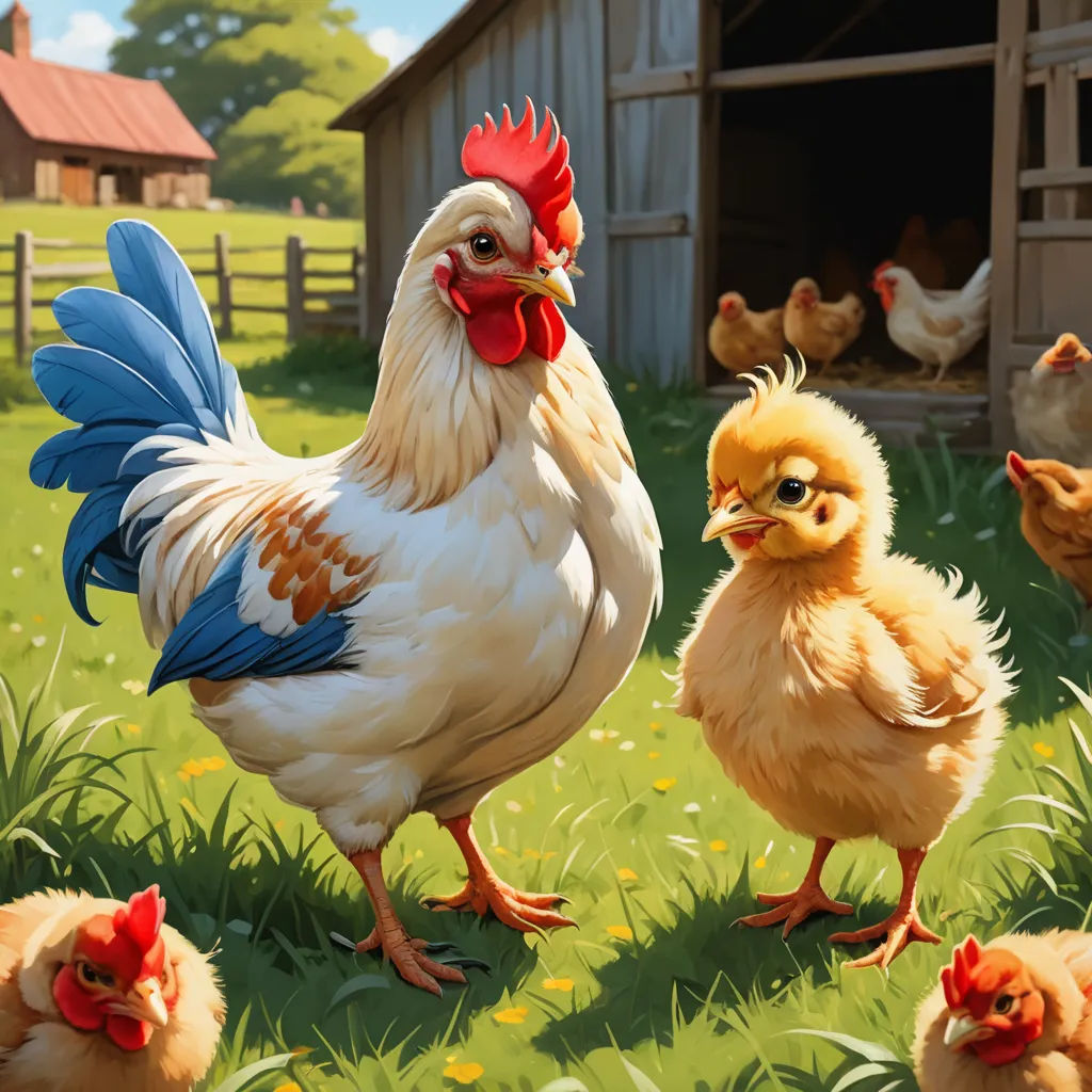 a painting of chickens and chickens in a field of grass near a barn and a barn building with a red roof, american scene painting, a storybook illustration, Chris LaBrooy, highly detailed digital painting