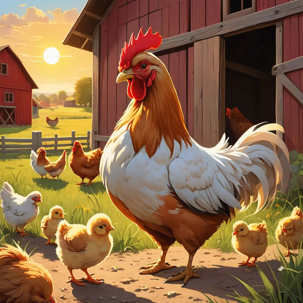 a group of chickens walking around a farm yard with a barn in the background and a red barn in the background, american scene painting, a storybook illustration, Chris LaBrooy, ultra realistic illustration