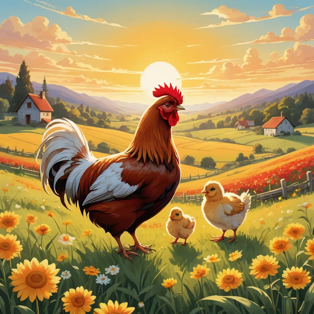a painting of a rooster and two chickens in a field of sunflowers and a farm with a sunset, folk art, a storybook illustration, Anne Said, sunrise