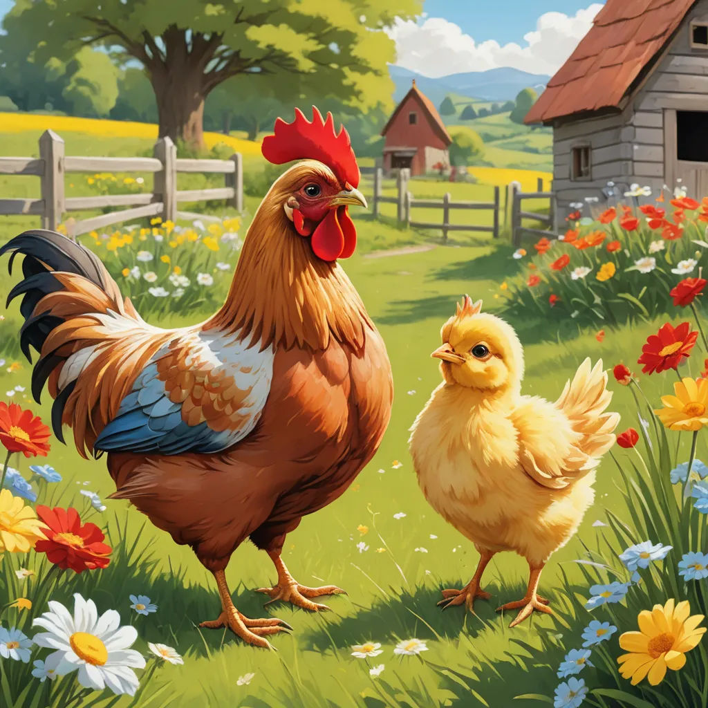 a chicken and a chickenling are standing in a field of flowers and daisies near a fence and a barn, american scene painting, a storybook illustration, Chris LaBrooy, storybook illustration