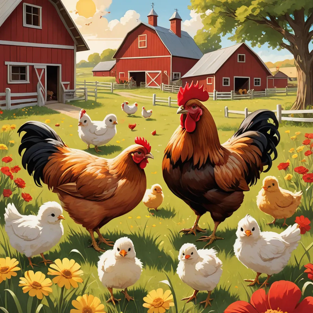 a painting of chickens and roosters in a field of flowers and daisies in front of a barn, american scene painting, a storybook illustration, Chris LaBrooy, highly detailed digital painting