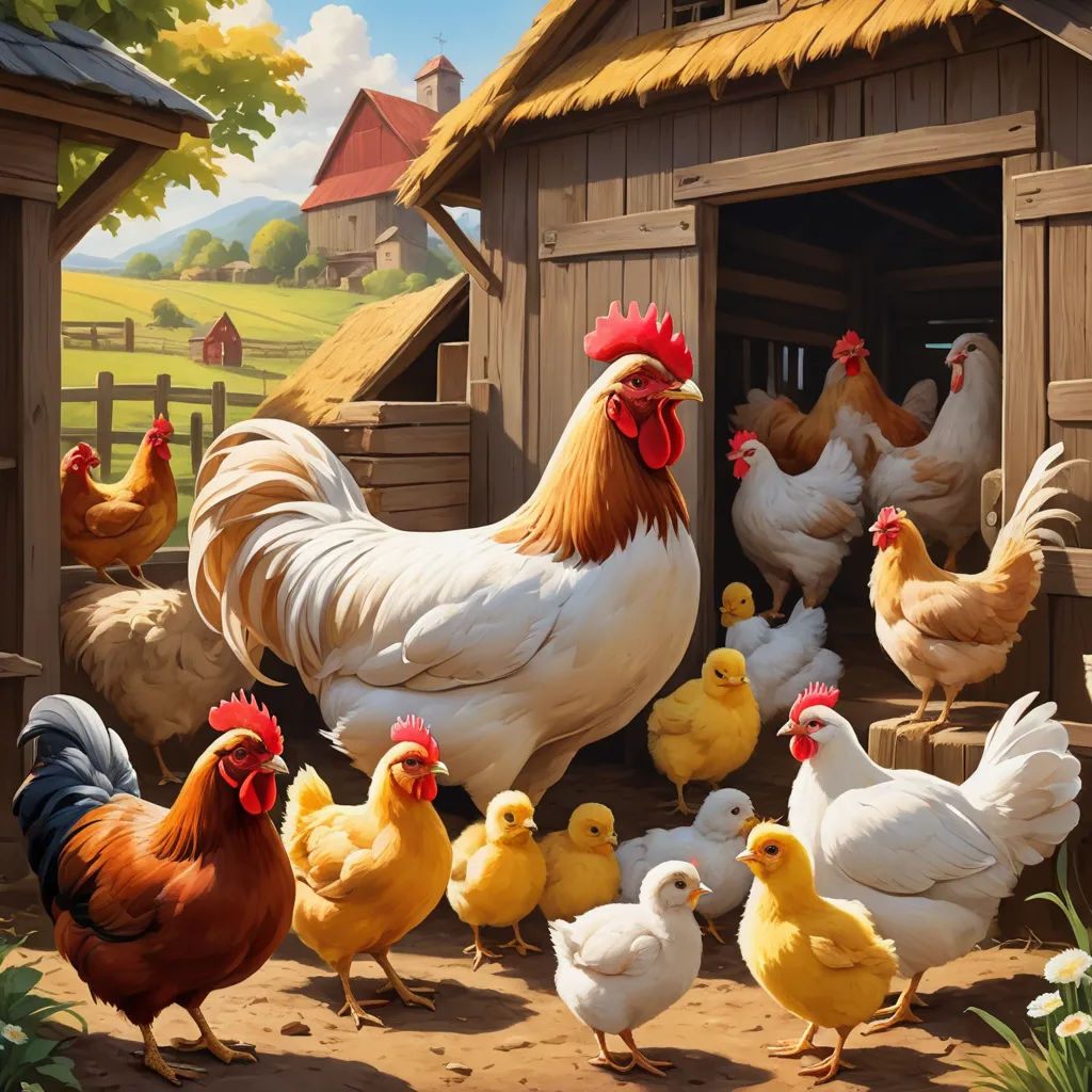 a painting of chickens and chickens in a barnyard with a chicken coop in the background and a barn with a chicken in the foreground, american scene painting, a detailed painting, Chris LaBrooy, highly detailed digital painting