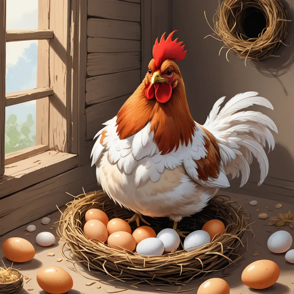 a chicken sitting on top of a nest with eggs in it next to a window and a bird nest, symbolism, a storybook illustration, Anne Said, highly detailed digital painting
