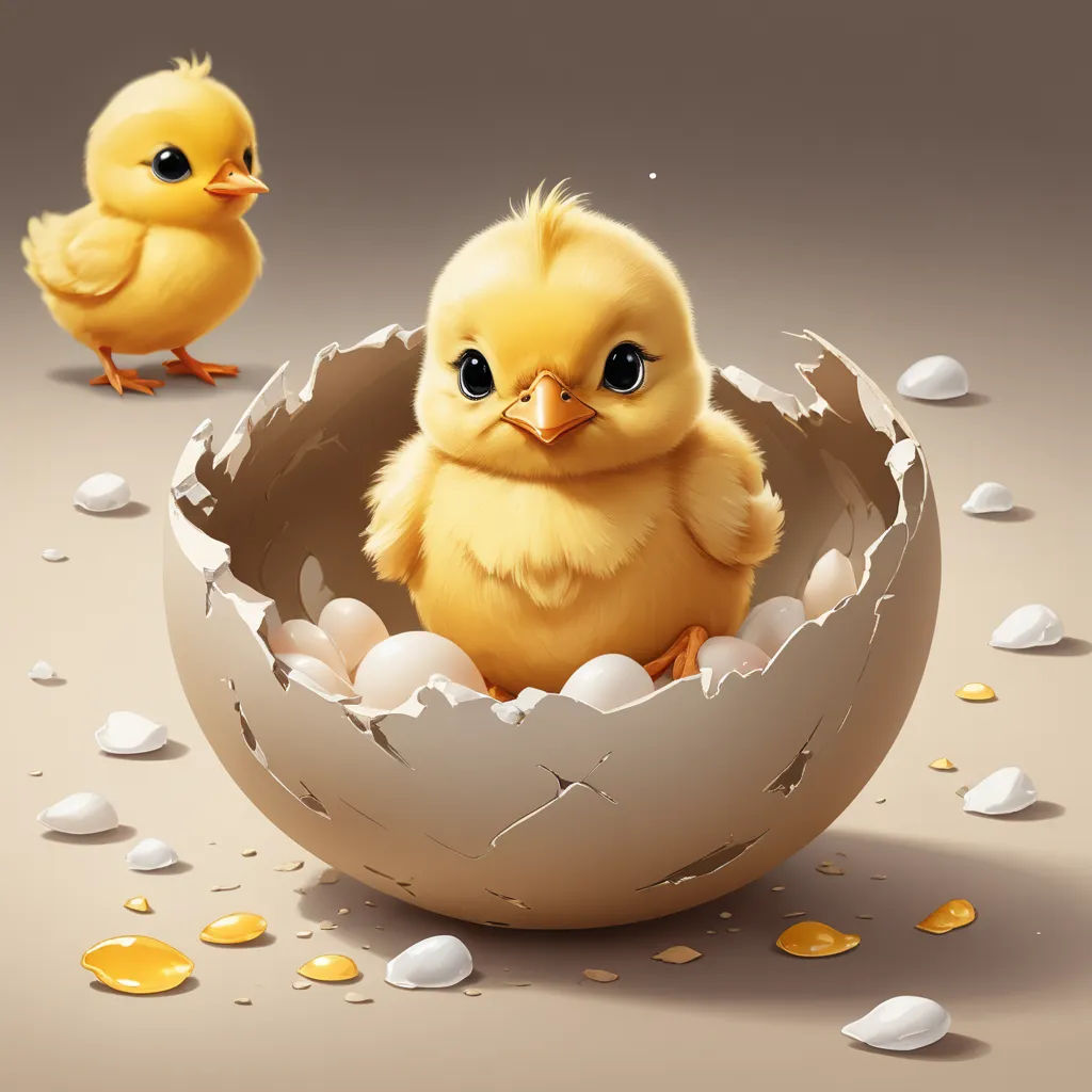 a little yellow chickling in an egg shell with a smaller chickling in the background, with a cracked egg shell, pop surrealism, a digital painting, Art Brenner, highly detailed digital painting
