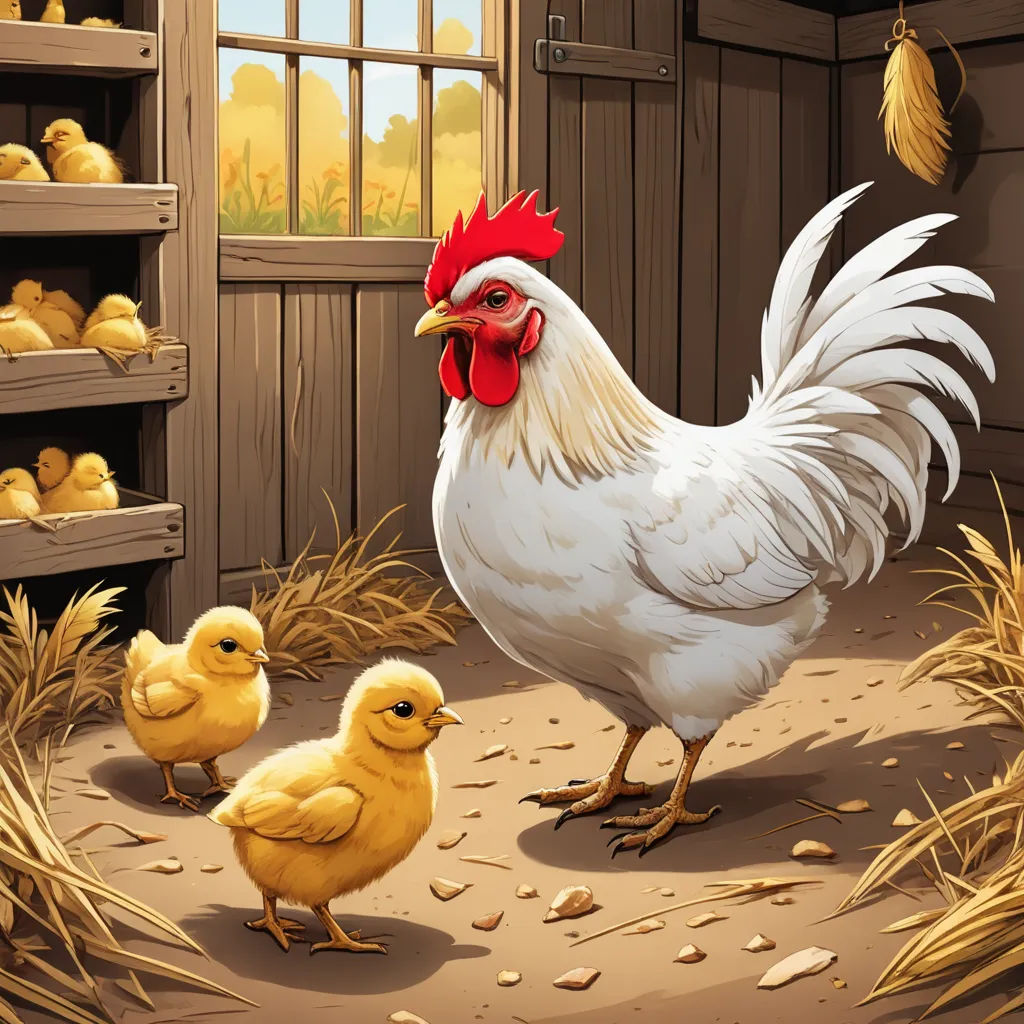 a chicken and her chicks in a barn with a window and a hayfield with chickens in it and a hayfield with chickens in the background, lyco art, a storybook illustration, Anne Said, highly detailed digital painting