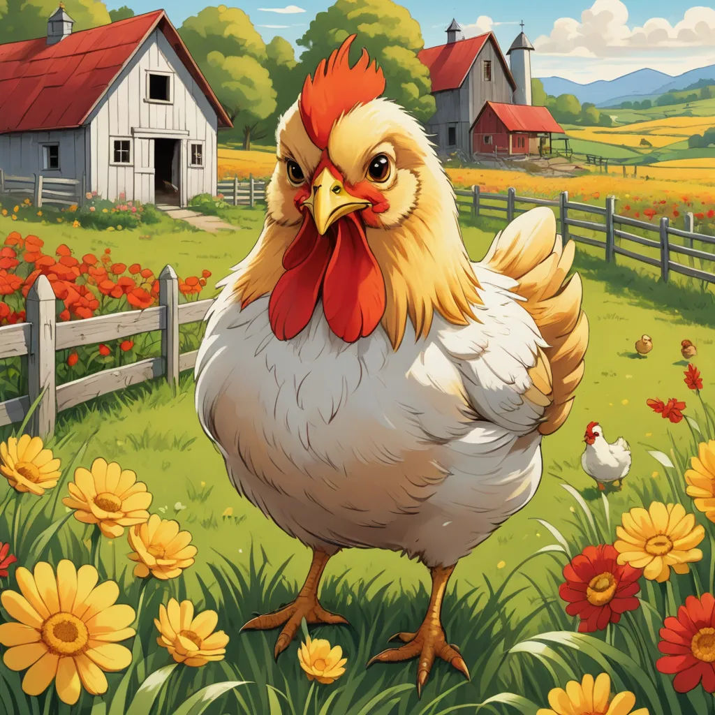 a chicken standing in a field of flowers near a fence and a barn with a red roof and a red roof, folk art, a storybook illustration, Chris LaBrooy, game art