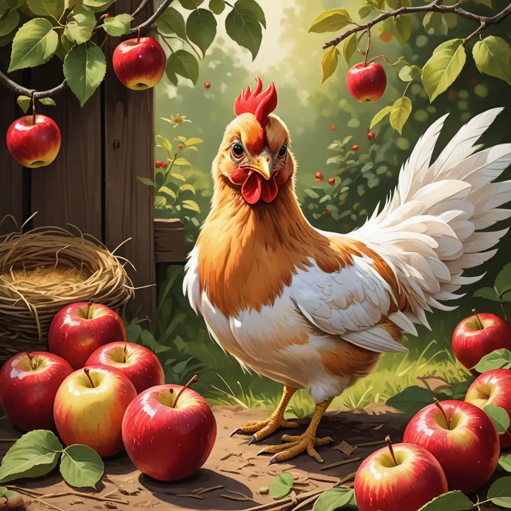 a chicken standing in the grass next to apples and a nest of eggs in a tree with leaves and branches, symbolism, a storybook illustration, Chris LaBrooy, highly detailed digital painting