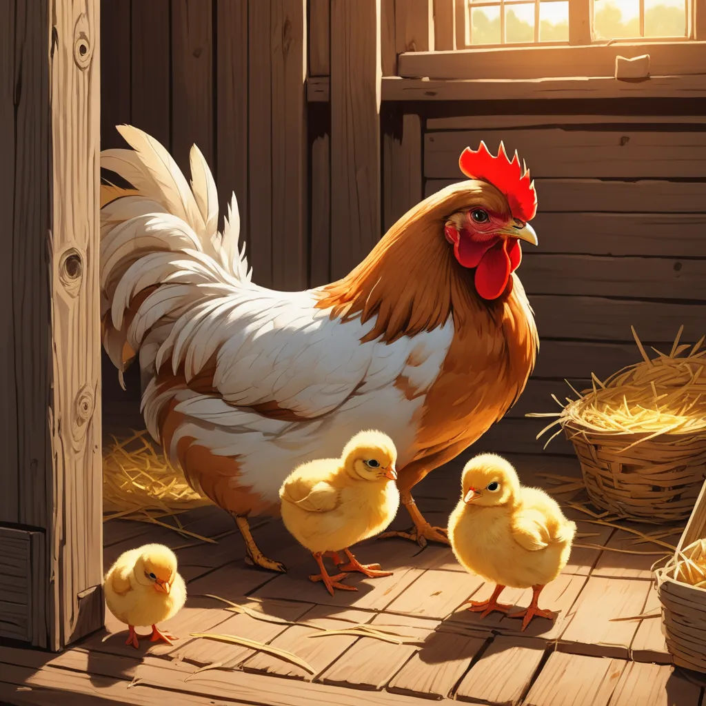a chicken and her chicks are standing in a barnyard with hay and hay bales on the floor, photorealism, a storybook illustration, Cyril Rolando, highly detailed digital painting