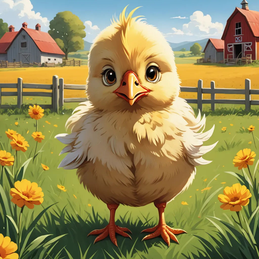 a chicken standing in a field of flowers near a fence and a barn in the background with a red roof, american scene painting, a storybook illustration, Chris LaBrooy, behance hd