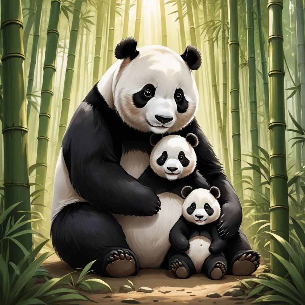a panda bear and her cub are sitting in the bamboo forest together, with the sun shining through the bamboo trees, furry art, a storybook illustration, Adrian Zingg, official art