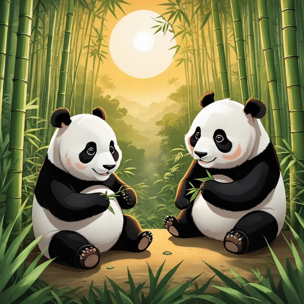 two panda bears sitting on the ground in a bamboo forest with bamboo trees and the sun in the background, pop surrealism, a storybook illustration, Ding Guanpeng, game art