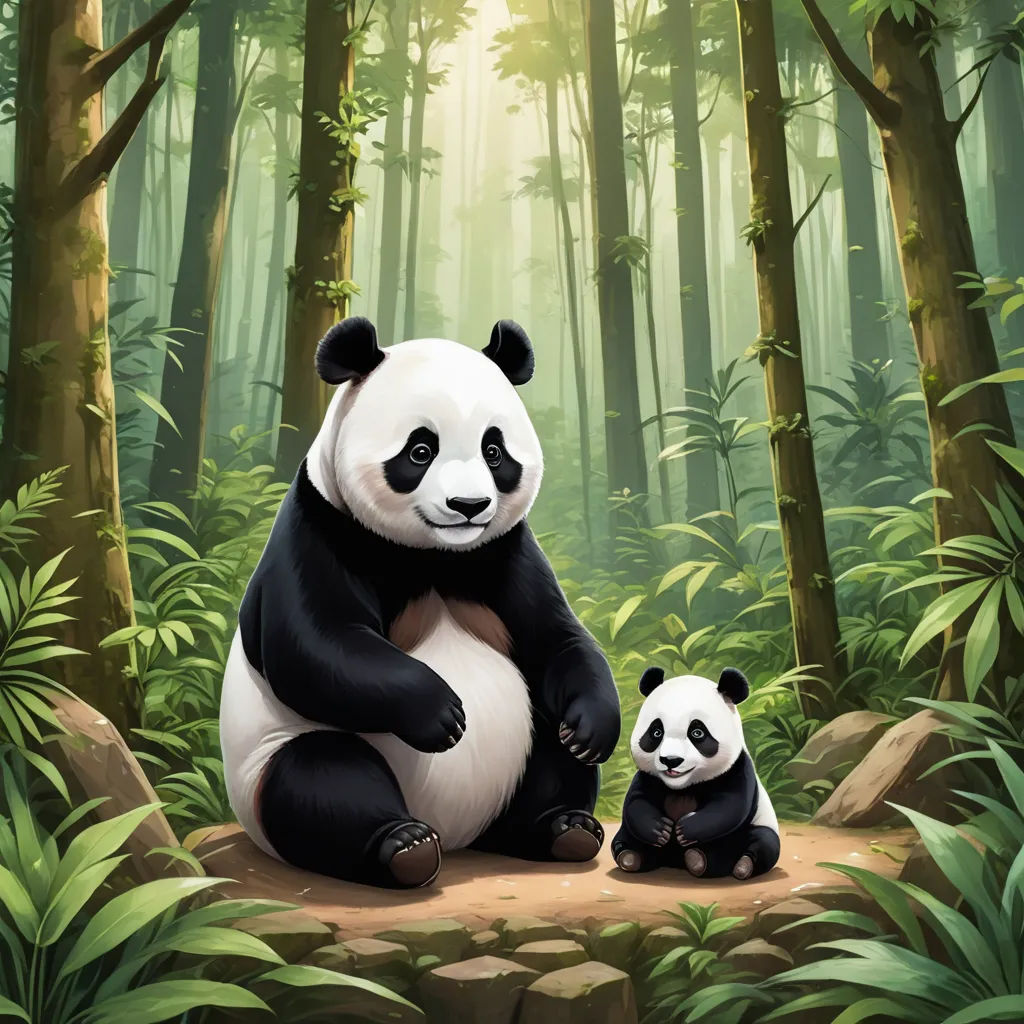 a panda bear sitting on a tree stump next to a baby panda bear in a forest with bamboo trees, sots art, a digital painting, Fan Qi, official art