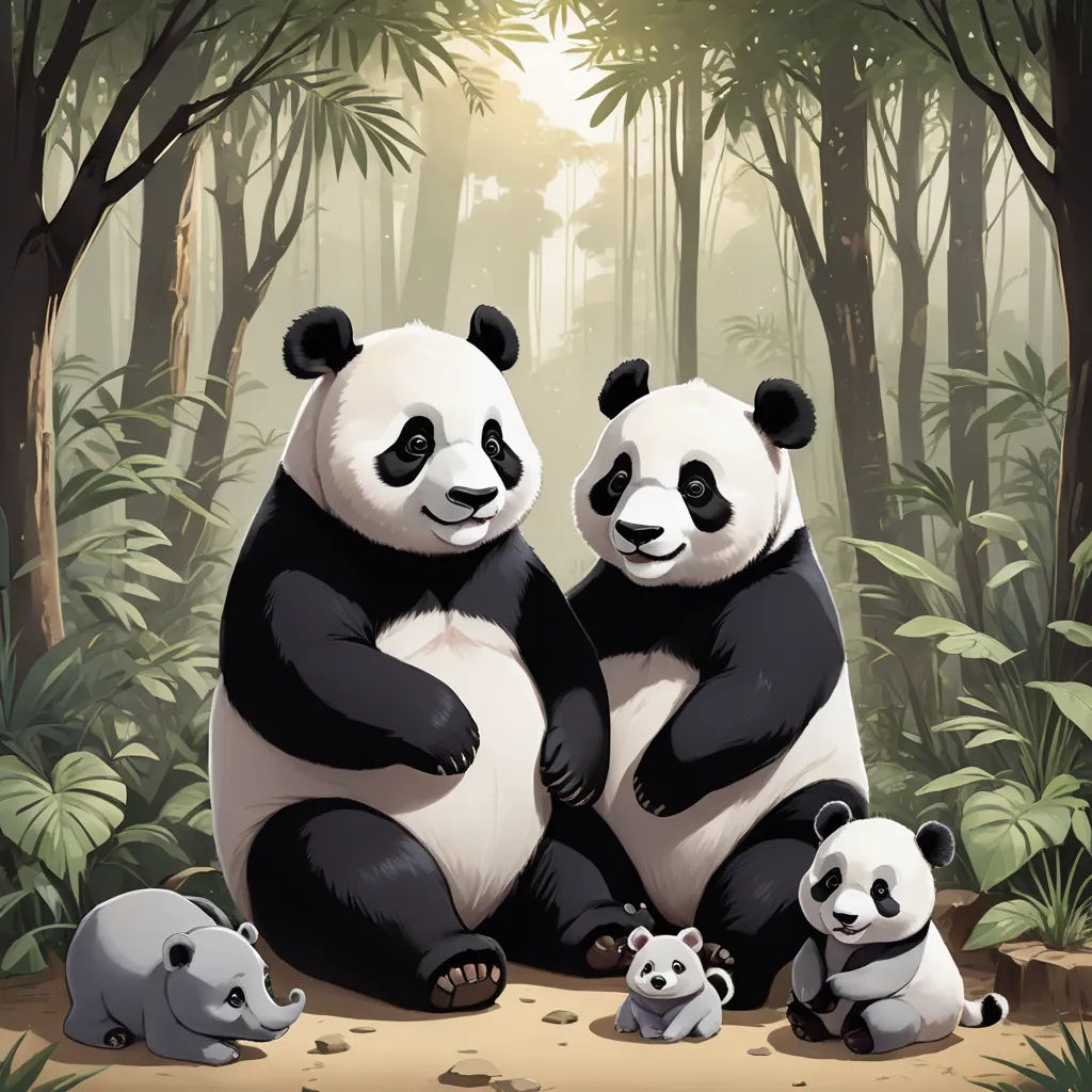 a couple of pandas sitting on top of a forest floor next to each other on a tree stump, sots art, a storybook illustration, Fan Qi, official art