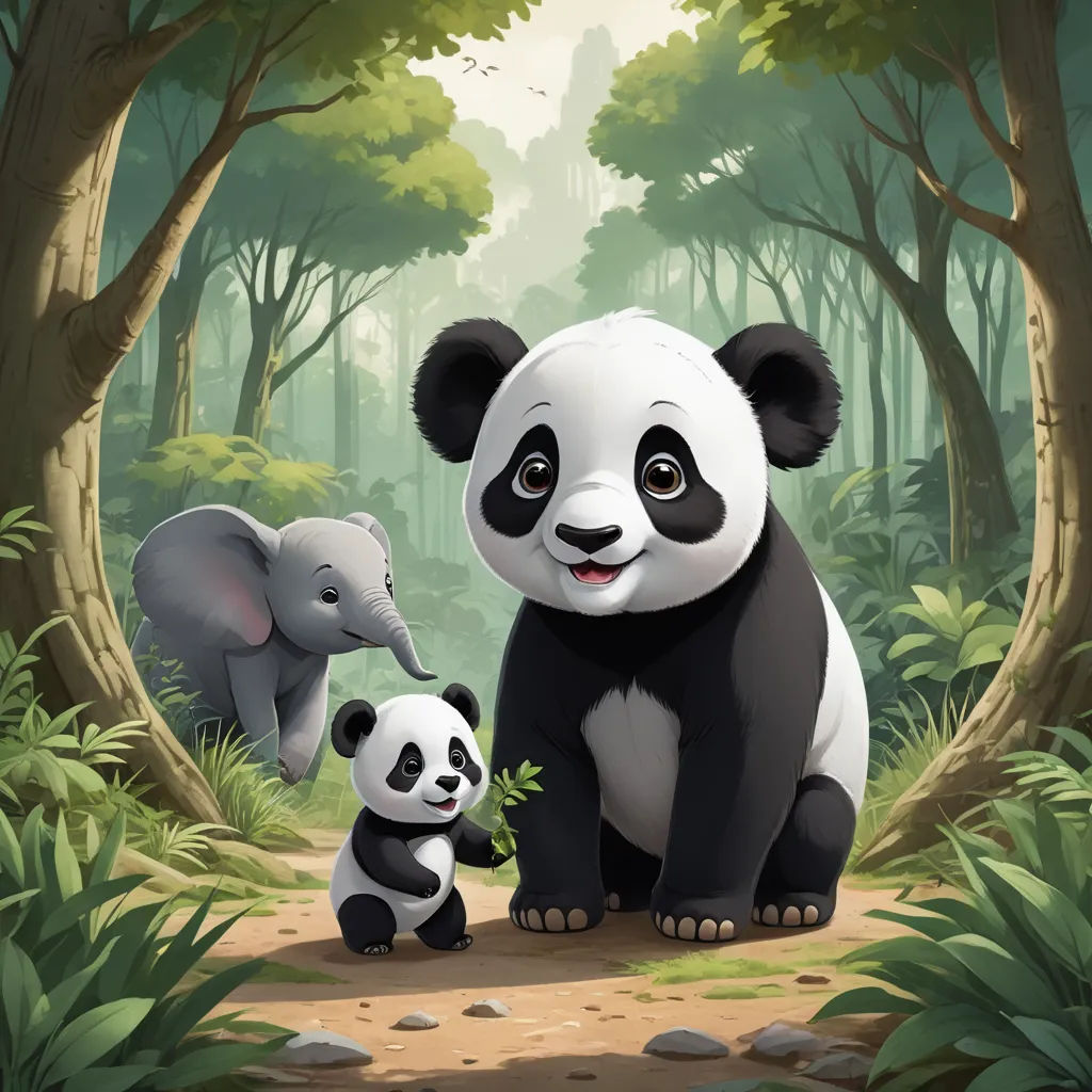 a panda and her baby in a forest with an elephant on the ground and a tree in the background, sots art, a storybook illustration, Chen Hong, official art