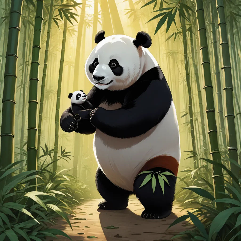 a panda bear standing in a bamboo forest holding a baby panda bear in its paws and smiling at the camera, altermodern, a storybook illustration, Art of Brom, magic the gathering artwork