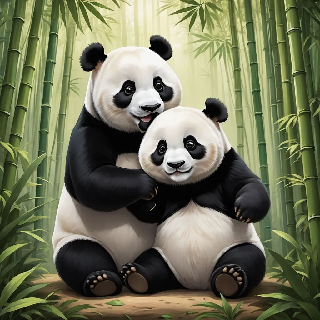 two panda bears hugging each other in a bamboo forest with bamboo trees in the background and sunlight shining through the leaves, fantasy art, a digital painting, Fan Qi, highly detailed digital painting