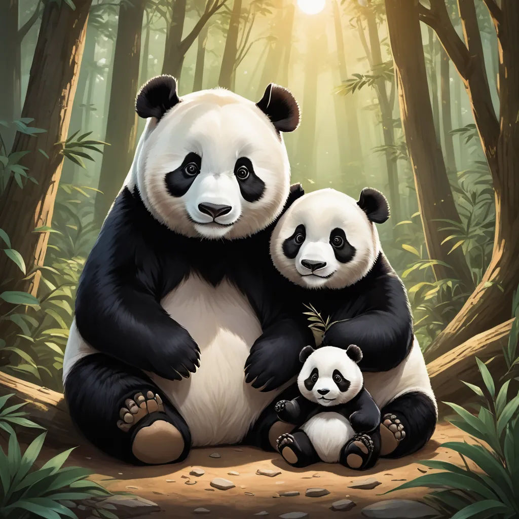 a panda bear and her cub are sitting in the woods together, with the sun shining through the trees, sots art, a digital painting, Fan Qi, official art