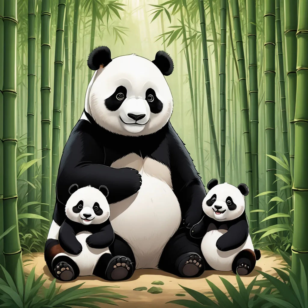 a panda bear sitting on a tree with two cubs in the bamboo forest with sunlight shining through the bamboo trees, furry art, a storybook illustration, Adrian Zingg, 2 d game art