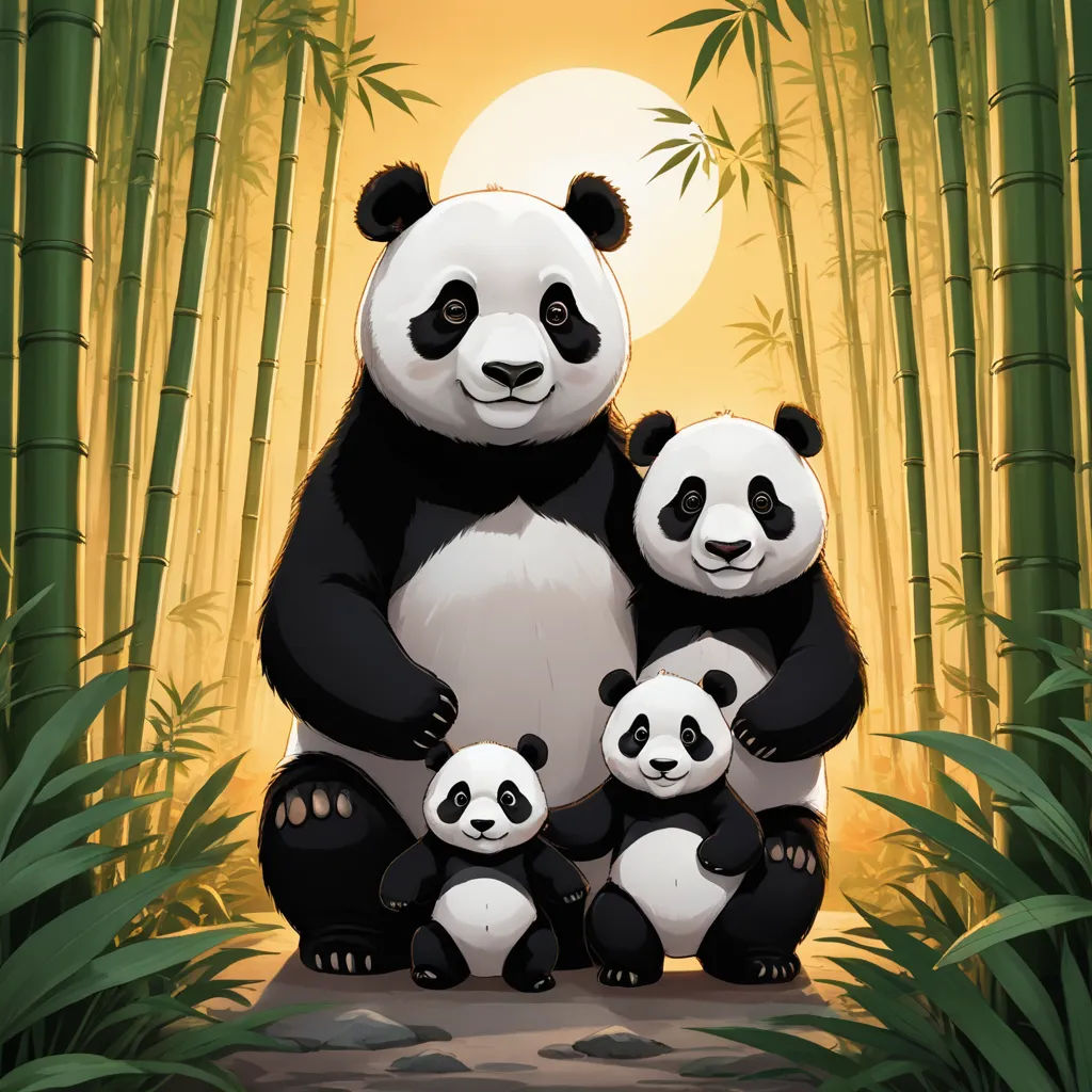 a panda and her two cubs sitting on a rock in a bamboo forest at night with the moon in the background, furry art, a storybook illustration, Adrian Zingg, game art