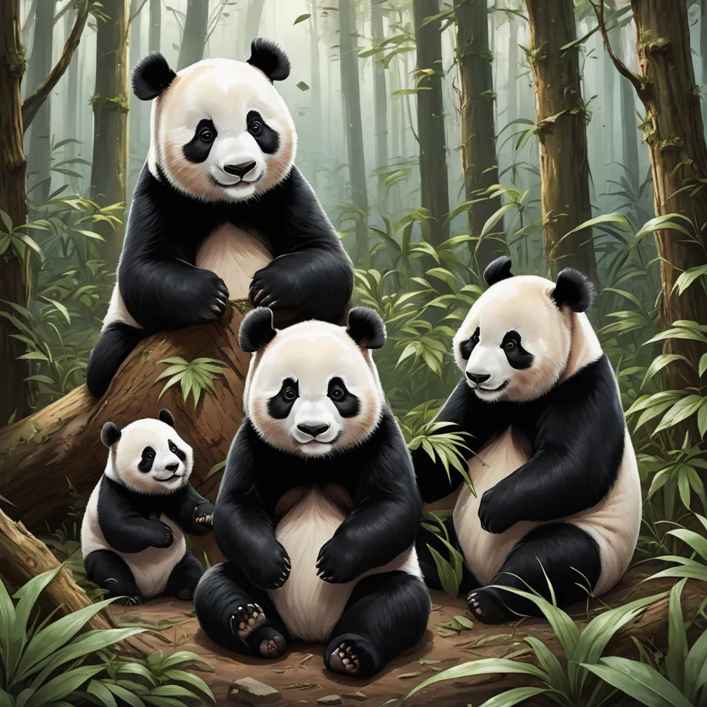 a group of panda bears sitting on a tree stump in a forest with bamboo trees and ferns on the ground, serial art, a digital painting, Cynthia Sheppard, highly detailed digital painting