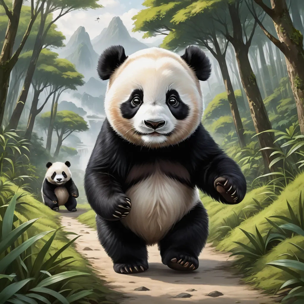 a panda bear is walking down a path with another panda bear in the background and a mountain in the background, fantasy art, a digital painting, Chen Hong, magic the gathering artwork