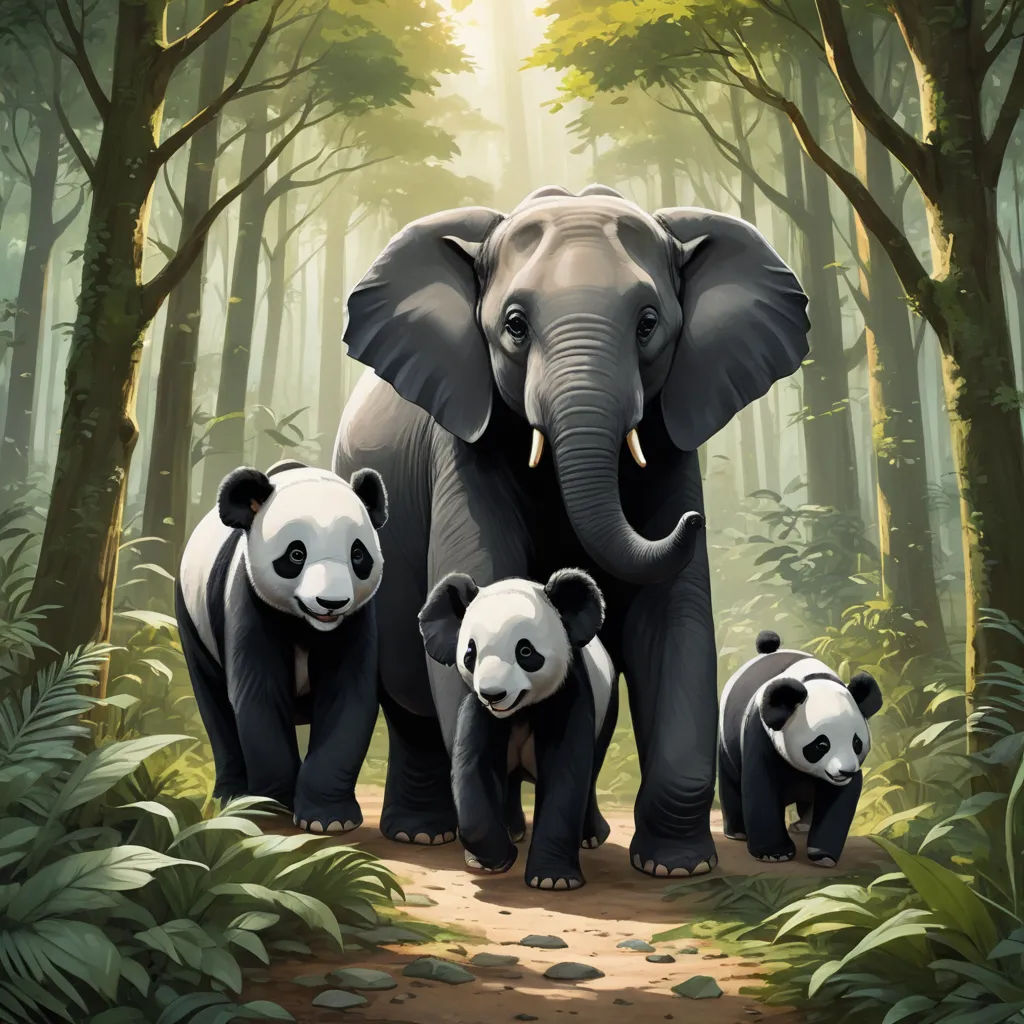a painting of a family of elephants and pandas in a forest with trees and leaves on the ground, furry art, a storybook illustration, Chris LaBrooy, highly detailed digital painting