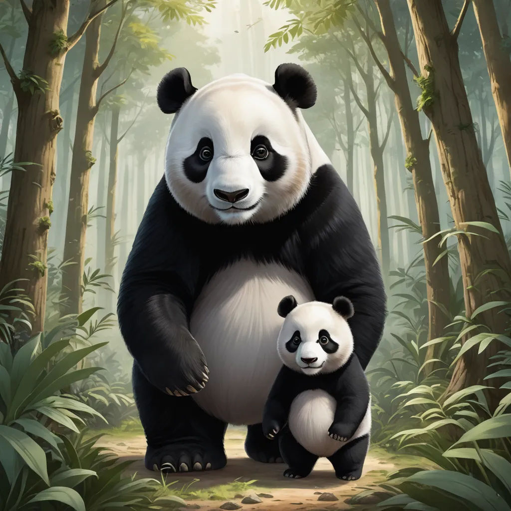 a panda bear and her cub are standing in the woods together, with the panda holding the cub's leg, serial art, a digital painting, Fan Qi, official art