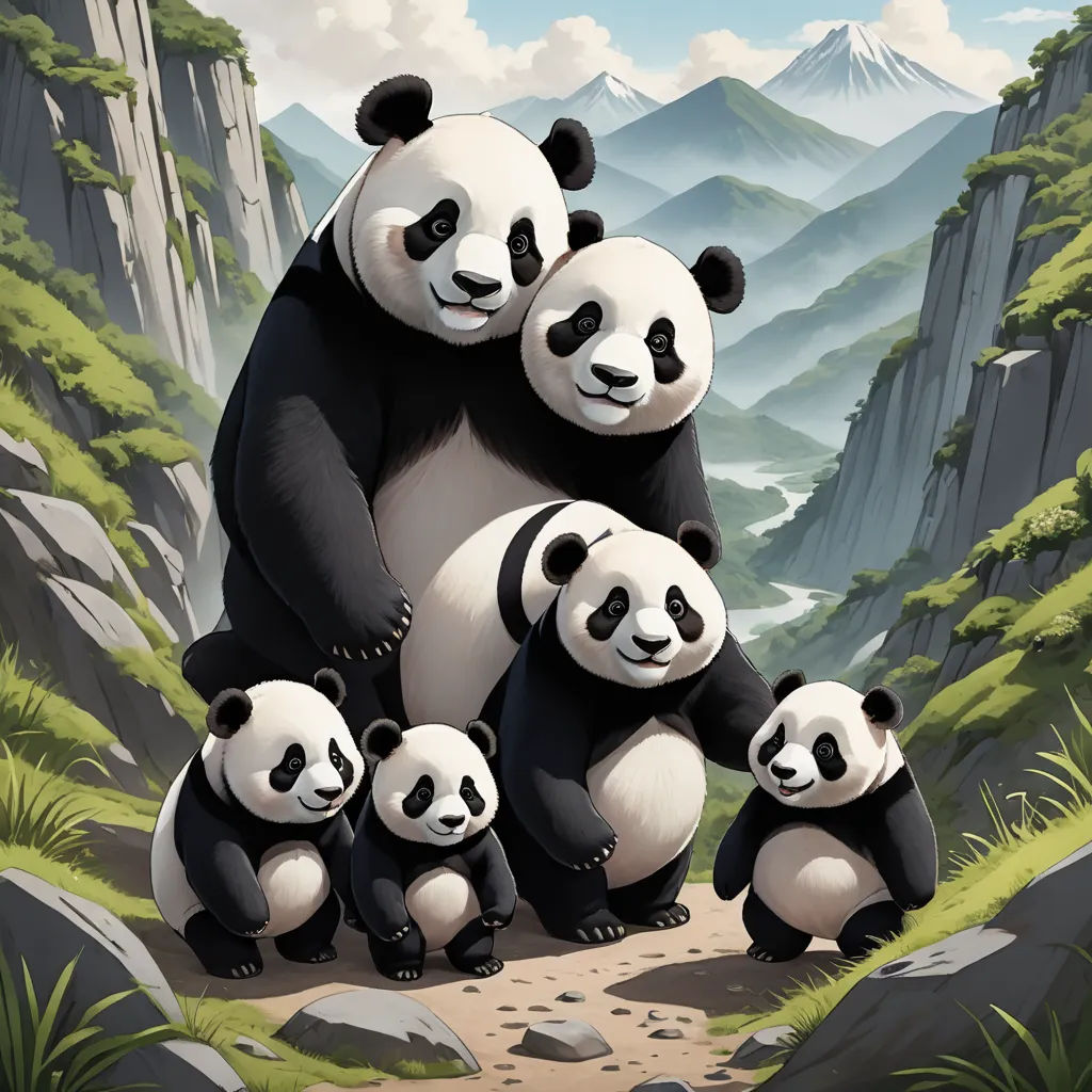 a group of pandas are standing on a hill together and eating grass and rocks, with mountains in the background, fantasy art, a detailed painting, Chris LaBrooy, official art