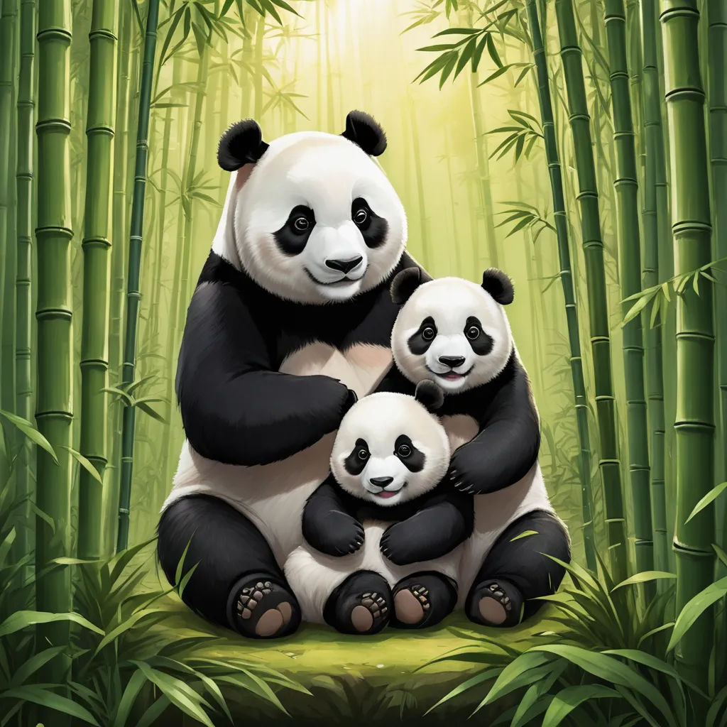 a panda bear and her cub are sitting in the bamboo forest together, with the bamboo trees in the background, fantasy art, a storybook illustration, Adrian Zingg, official art