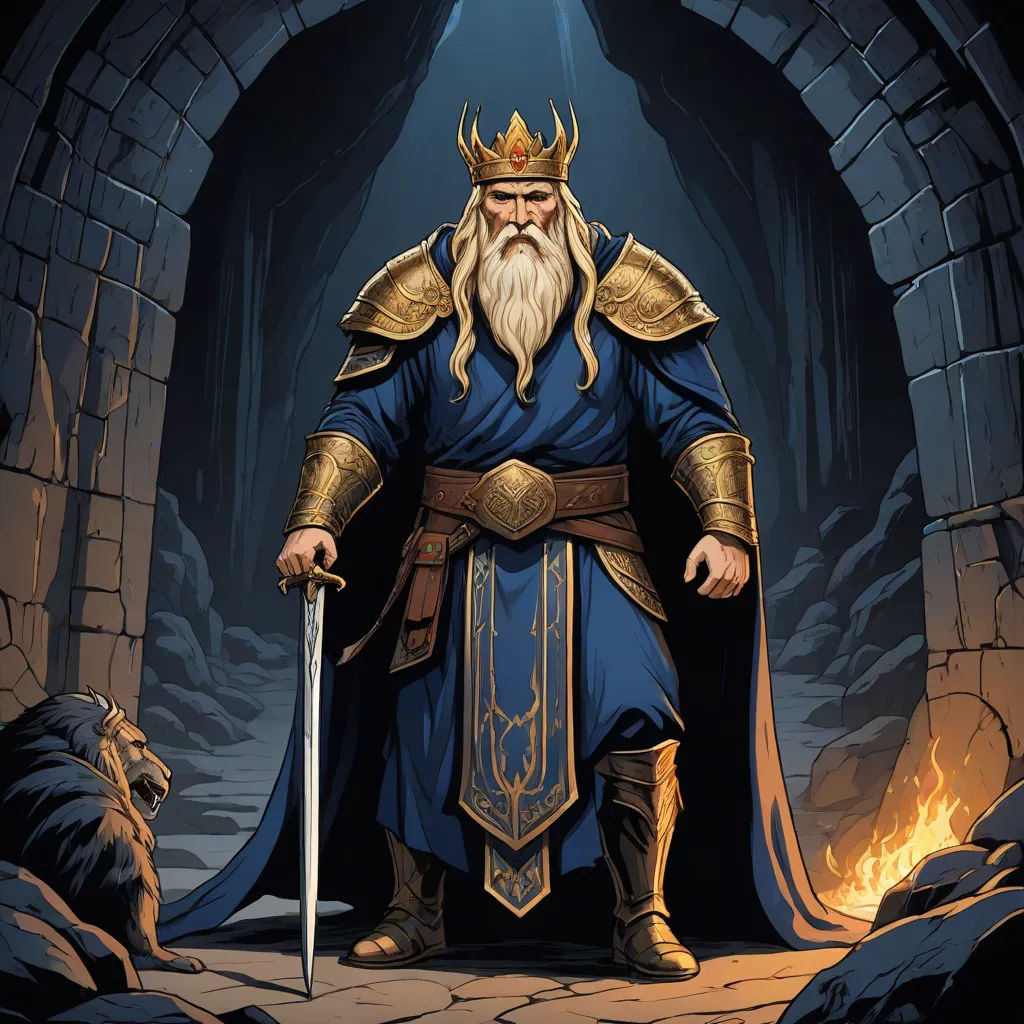 a man in a blue outfit with a sword in his hand and a crown on his head standing in a cave, a character portrait, Christophe Vacher, fantasy art, epic fantasy character art