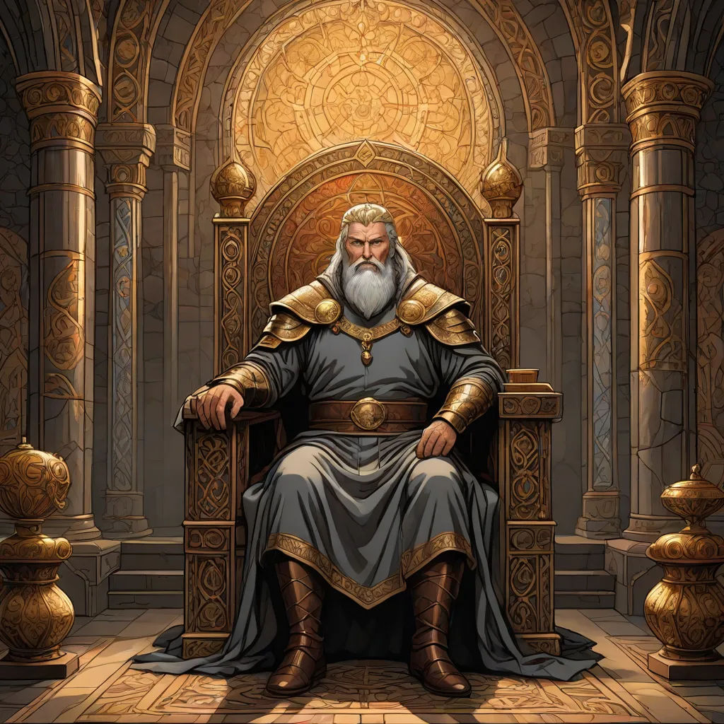 a man sitting on a throne with a beard and a beard in a golden outfit with a golden crown, a character portrait, Donato Giancola, fantasy art, epic fantasy character art