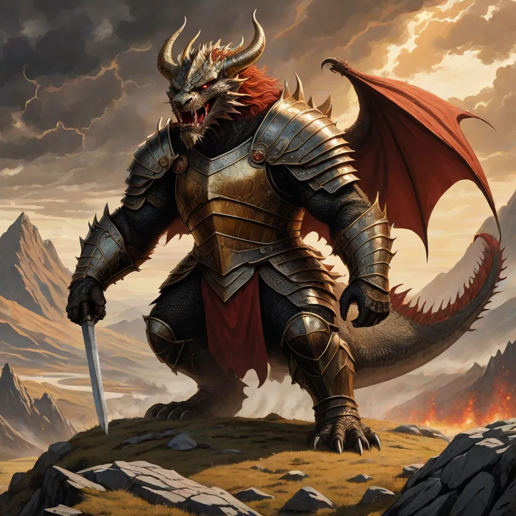 a painting of a dragon with a sword in his hand and a demon on his back, standing on a rocky hill, concept art, Chris Rahn, altermodern, magic the gathering artwork