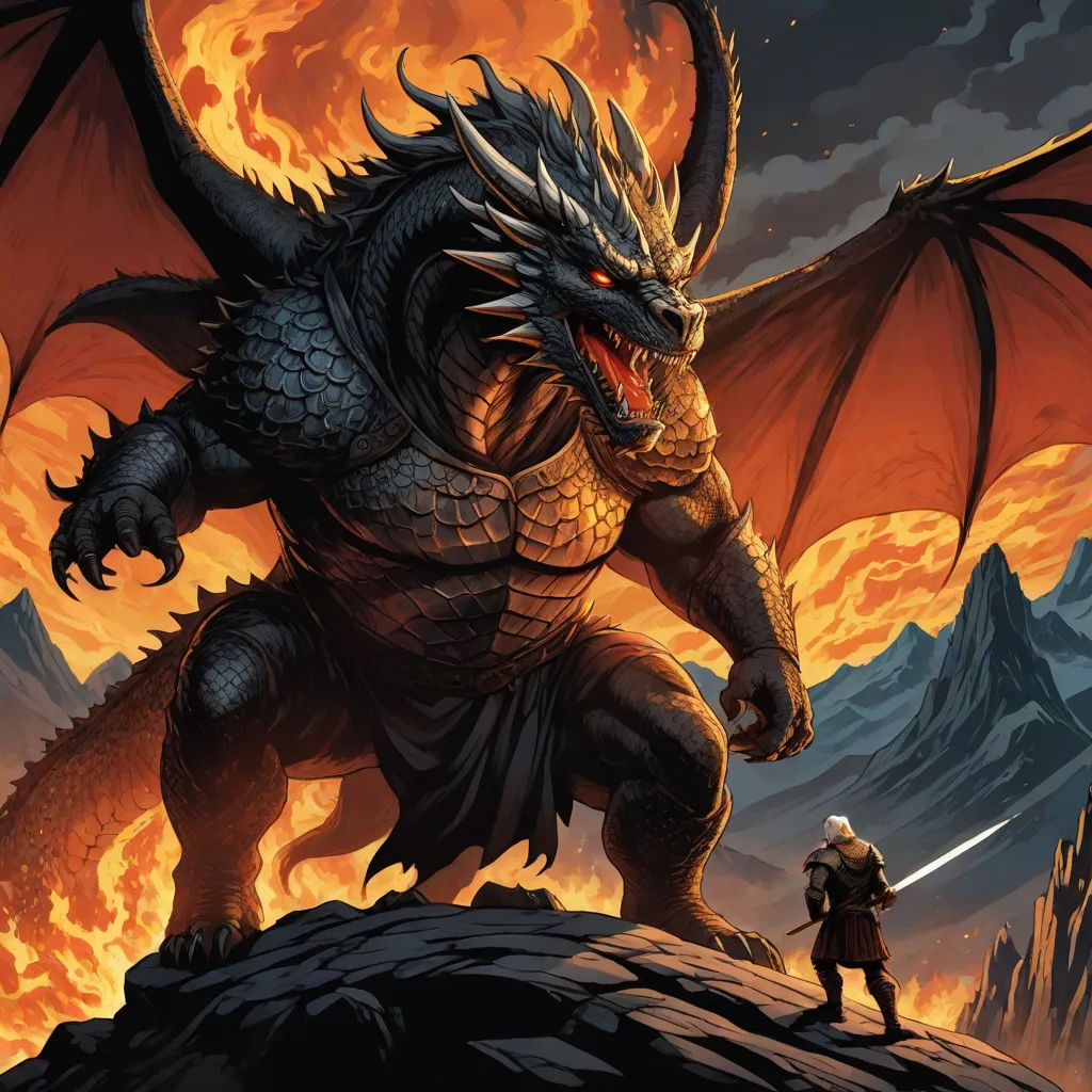 a dragon with a sword standing on a hill next to a man in a suit and helmet with a sword, a comic book panel, Donato Giancola, fantasy art, magic the gathering artwork