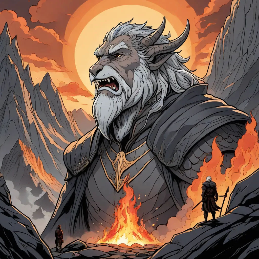 a man with a beard and a horned face standing in front of a fire pit with mountains in the background, a comic book panel, Anato Finnstark, fantasy art, comic cover art