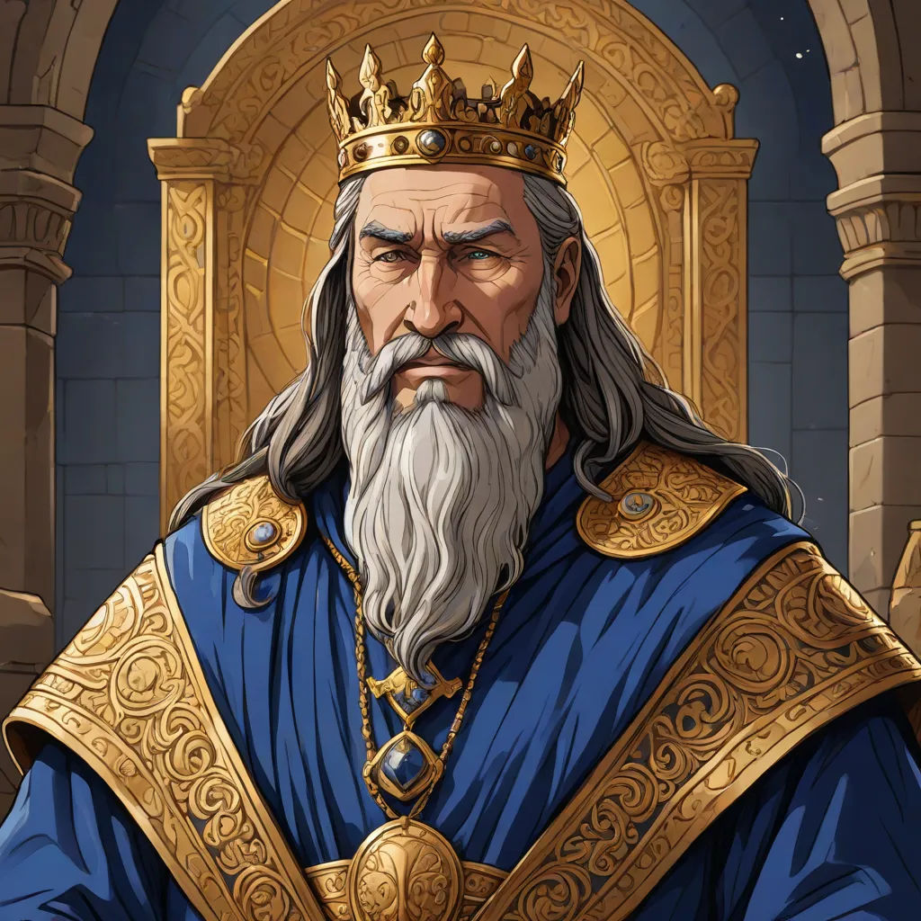 a cartoon of a man with a beard and a crown on his head, wearing a blue outfit and gold trim, a character portrait, Edward Otho Cresap Ord, II, sots art, game art