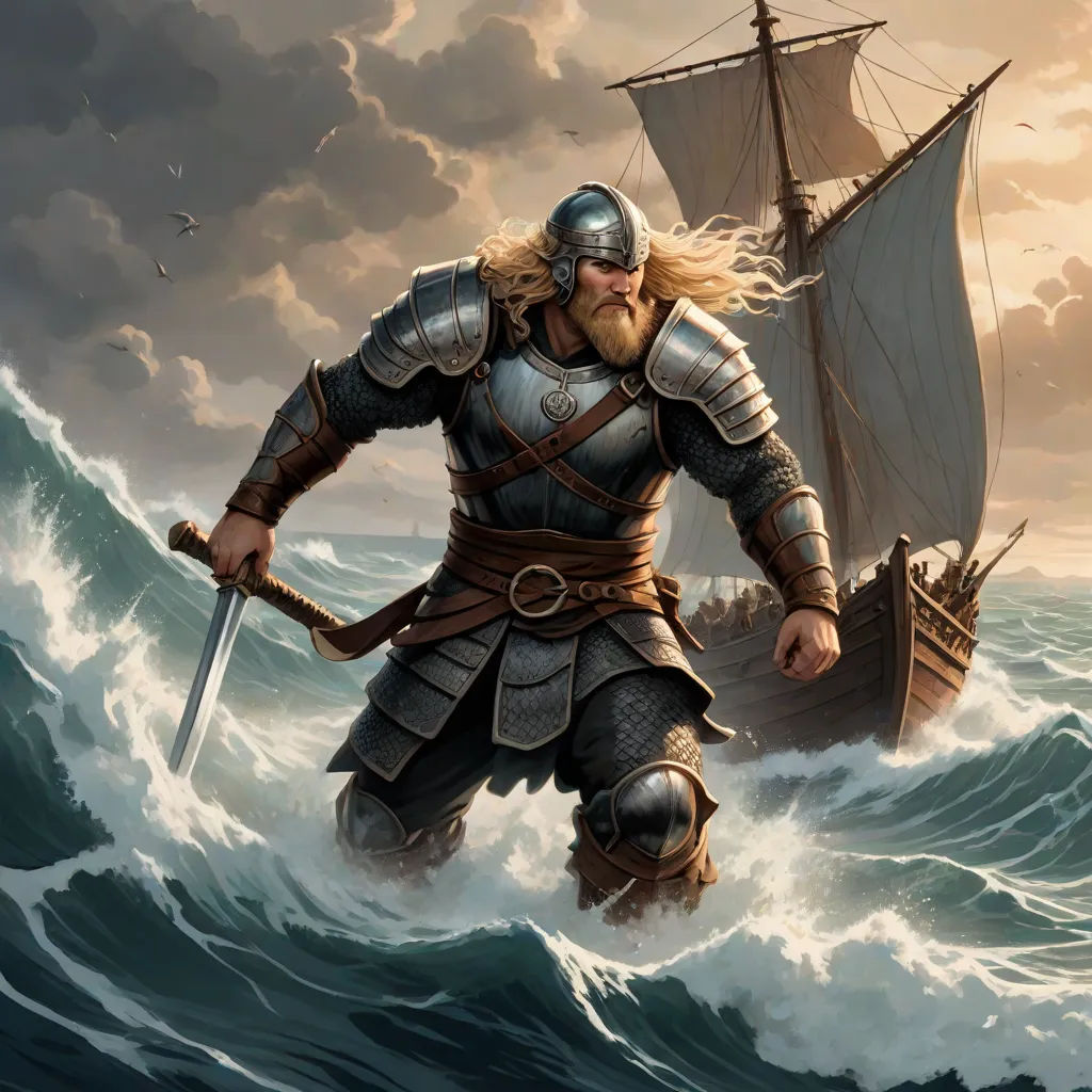 a man in a suit of armor standing on a boat in the ocean with a sword in his hand, concept art, Erlund Hudson, fantasy art, epic fantasy character art