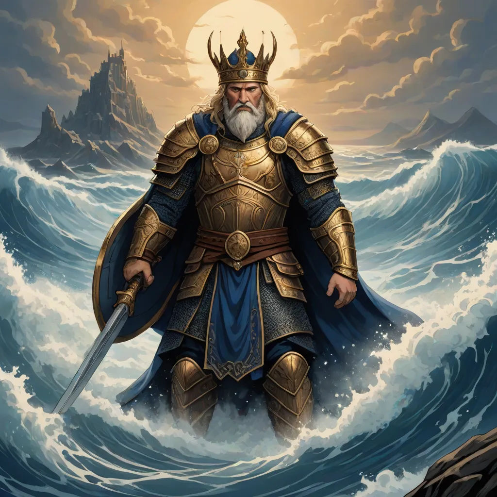 a man in a golden armor standing in the ocean with a sword in his hand and a castle in the background, a detailed painting, Christophe Vacher, fantasy art, epic fantasy character art