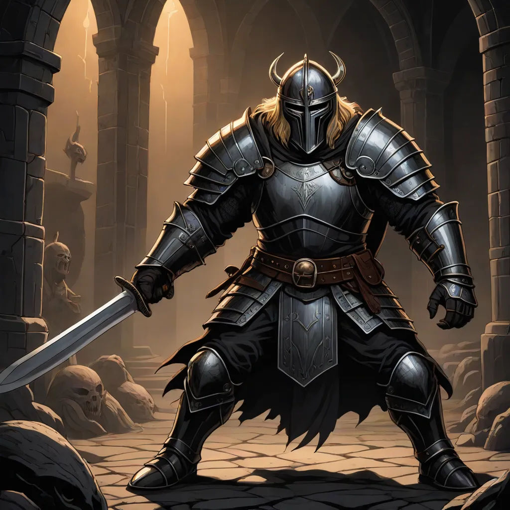 a man in a knight suit holding a sword in a dark cave with a stone floor and arches in the background, concept art, Clint Cearley, fantasy art, dark souls