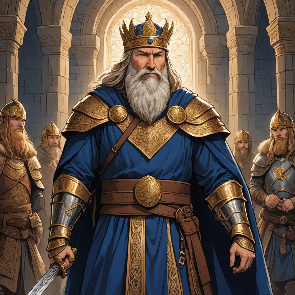 a man in a blue suit with a crown and sword in front of other men in armor and armor, a detailed painting, Christophe Vacher, fantasy art, epic fantasy character art
