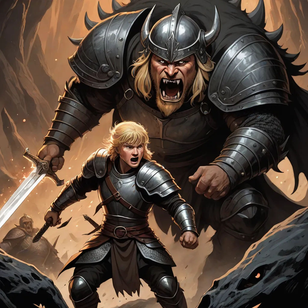 a man in armor with a sword in his hand and a demon in the background with his mouth open, a storybook illustration, Brothers Hildebrandt, fantasy art, epic fantasy character art