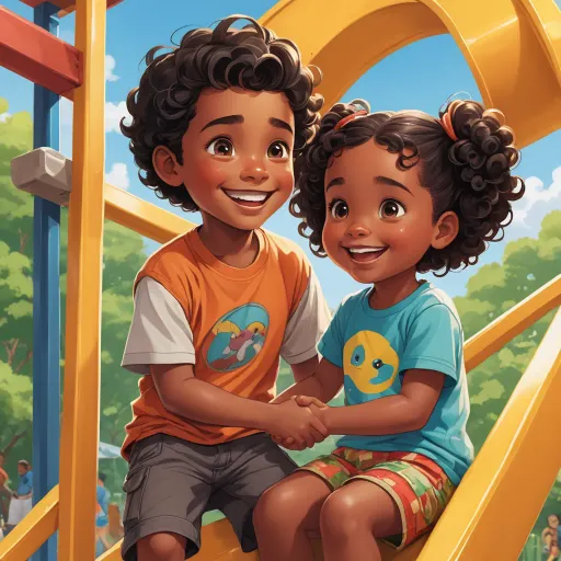a couple of kids sitting on top of a yellow slide in a park together, smiling at the camera, american scene painting, a storybook illustration, Chris LaBrooy, comic cover art